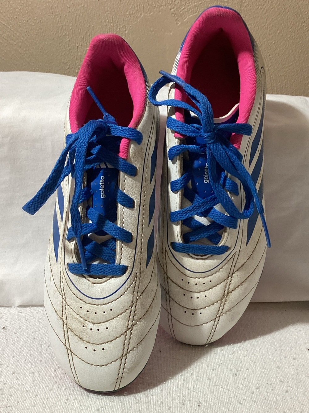 adidas Kids White Cleats with Blue Laces and Pink Lining